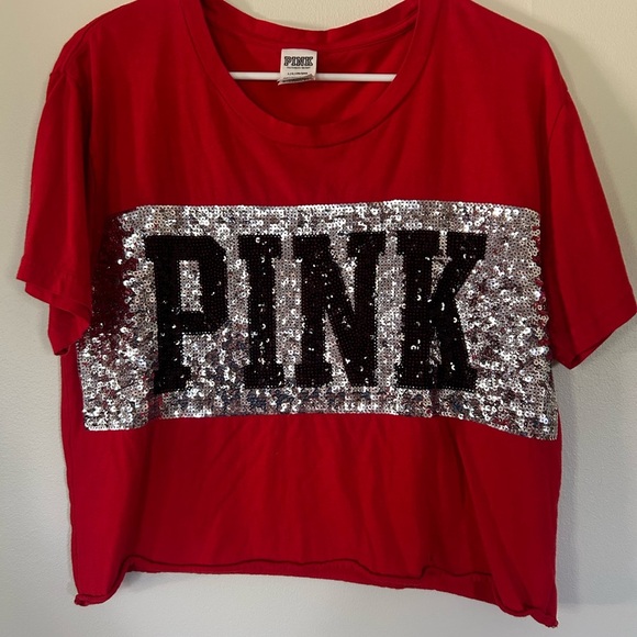 PINK Victoria's Secret Red Crop Top with Silver Sequins - Picture 1 of 3